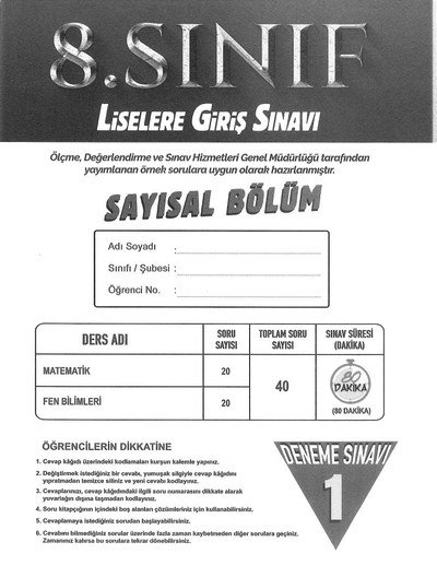 LİSELERE GİRİŞ SINAVI SAYISAL BÖLÜM DENEME SINAVI Vivo Fotokopi Merkezi