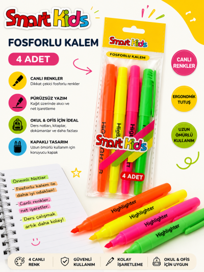 Smart Kids 4 Adet Fosforlu Kalem Vivo Fotokopi Merkezi