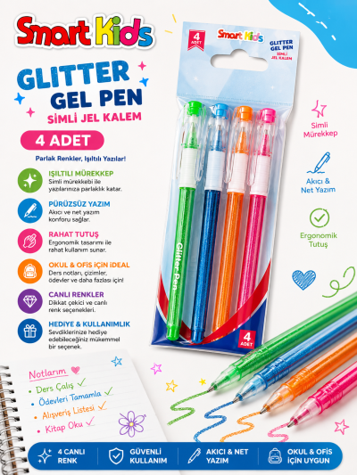 Smart Kids Glitter Simli Jel Kalem 4'lü Vivo Fotokopi Merkezi