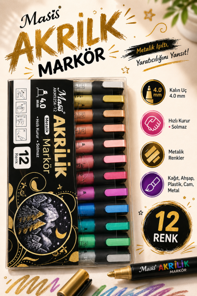 Masis AKRİLİK METALİK MARKÖRÜ 12 Lİ AKM925K-12 Vivo Fotokopi Merkezi