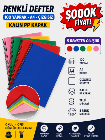 Renkli A4 100 Yaprak Çizgisiz Telli Defter Vivo Fotokopi Merkezi