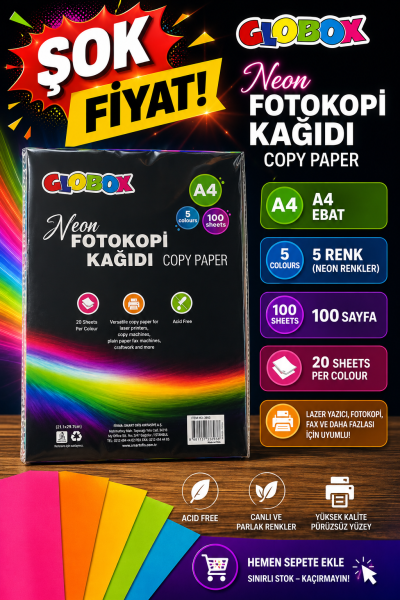 5 Renk 100 Sayfa Renkli Fotokopi Kağıdı Neon Globox Vivo Fotokopi Merkezi