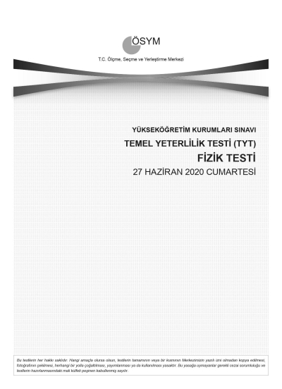 FİZİK SON 11 YIL ÇIKMIŞ SORULAR (TYT) (2020 DAHİL) Vivo Fotokopi Merkezi