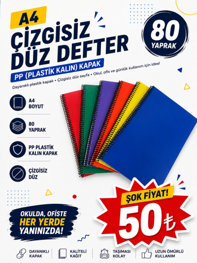 A4 80 Yaprak Çizgisiz PP (Kalın Plastik) KAPAK DEFTER Vivo Fotokopi Merkezi