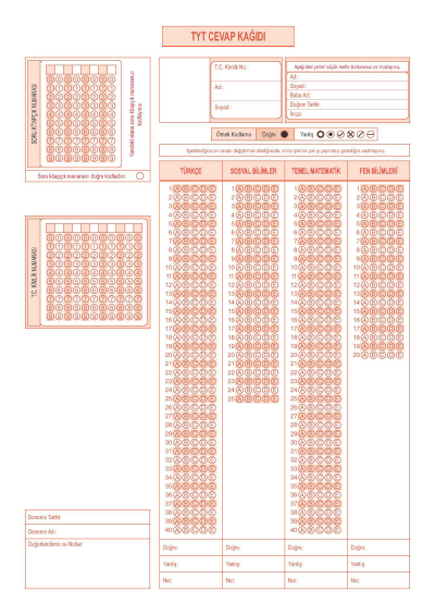 50'Lİ OPTİK FORM RENKLİ A4 ŞEKLİNDE Vivo Fotokopi Merkezi