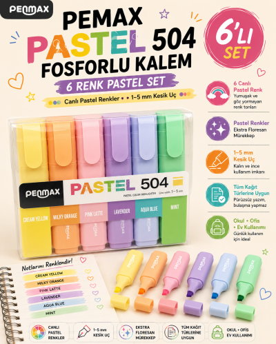 Penmax Fosforlu Işaretleme Kalemi Pastel Renkler 6'lı Set Vivo Fotokopi Merkezi