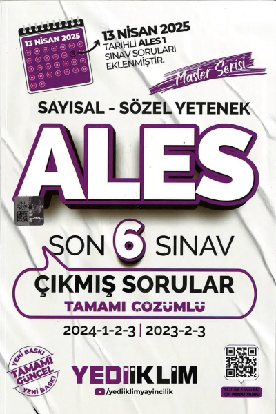 ALES Master Serisi Sayısal Sözel Yetenek Tamamı Çözümlü Son 6 Sınav Çıkmış Sorular Yediiklim Yayınları (2023-2024) Vivo Fotokopi Merkezi