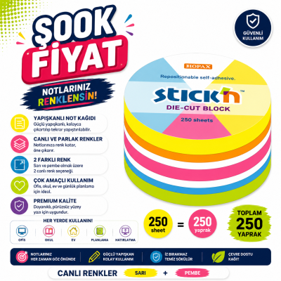 Hopax Stıck'n 21830 Yapışkanlı Yuvarlak Blok Neon 250 Yaprak Vivo Fotokopi Merkezi
