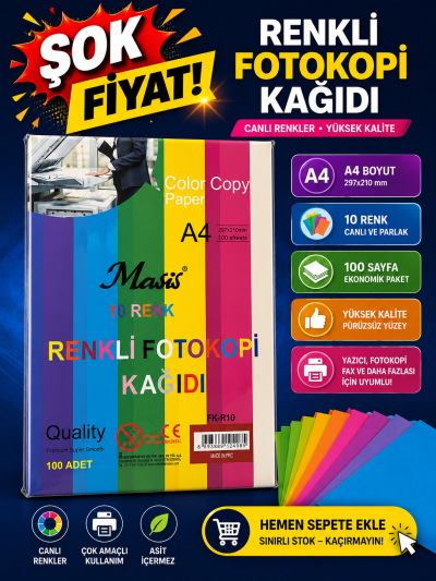 10 Renk 100 Sayfa Renkli Fotokopi Kağıdı Vivo Fotokopi Merkezi