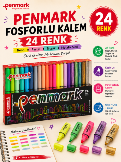 Penmark Fosforlu Kalem 24 Lü Süper Kutu 6 Neon+6 Pastel+6 Tropik+6 Simli Vivo Fotokopi Merkezi