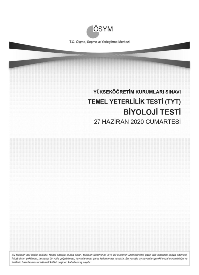 BİYOLOJİ SON 11 YIL ÇIKMIŞ SORULAR (TYT) (2020 DAHİL) Vivo Fotokopi Merkezi