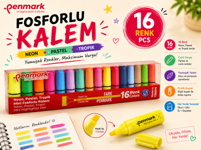 Penmark Mini Fosforlu Kalem 16 Lı Neon+Pastel+Tropik Vivo Fotokopi Merkezi