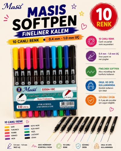 Masis Fineliner Apollo 55 İki Uçlu Kalem 10Lu Vivo Fotokopi Merkezi