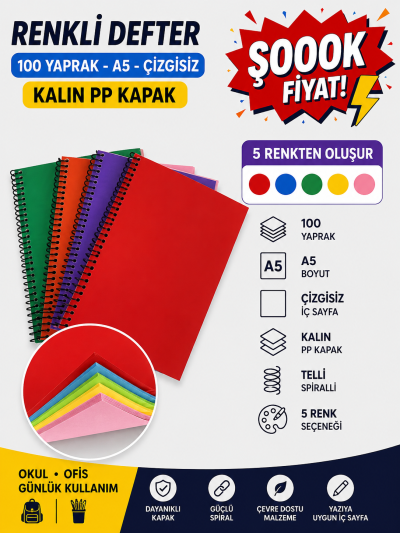 Renkli A5 100 Yaprak Çizgisiz Telli Defter Vivo Fotokopi Merkezi