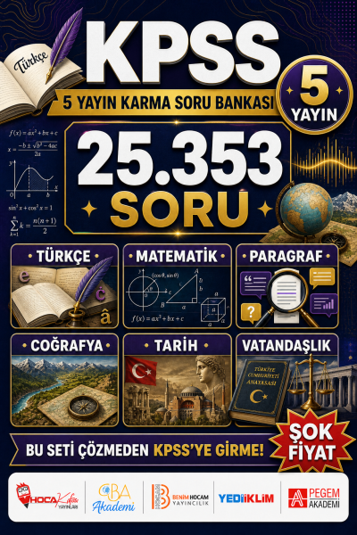 KPSS Tüm Dersler (Türkçe-Paragraf-Matematik-Coğrafya-Tarih-Vatandaşlık) 5 Yayın Karma Soru Bankası Tam 25353 Soru Vivo Fotokopi Merkezi