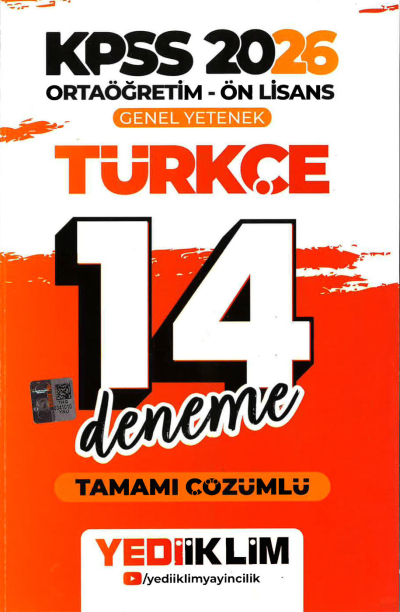 2026 KPSS Ortaöğretim Ön Lisans Genel Yetenek Türkçe Tamamı Çözümlü 14 Deneme Yediiklim Yayınları