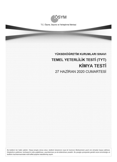 KİMYA SON 11 YIL ÇIKMIŞ SORULAR (TYT) (2020 DAHİL) Vivo Fotokopi Merkezi