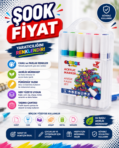 Globox Akrilik Marker Kalem Seti 12 Renk Vivo Fotokopi Merkezi