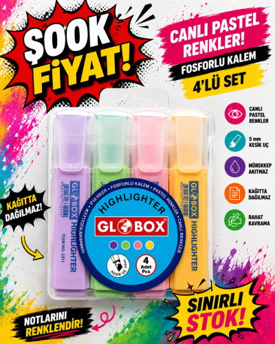 Globox Fosforlu Kalem Pastel Renk 4.lü Vivo Fotokopi Merkezi