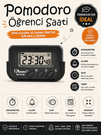 Kenko Pomodoro Öğrenci Saati - Kronometreli Ders Çalışma Saati - Dijital Masa Saati Kenko KK-613D