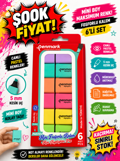 MİNİ FOSFORLU KALEM 6 LI PASTEL PENMARK Vivo Fotokopi Merkezi